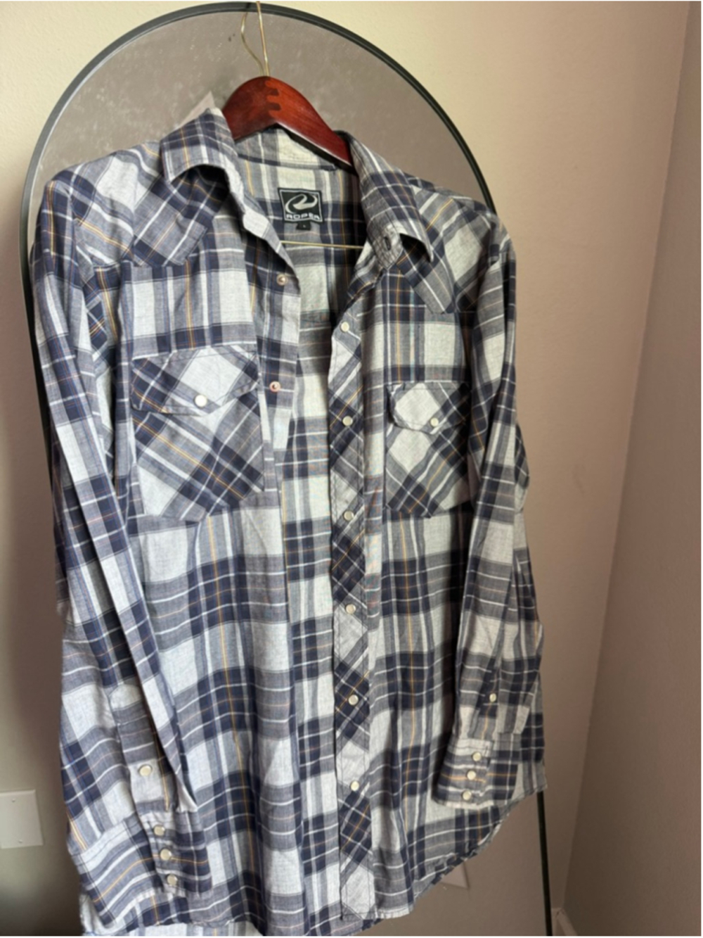 Men's Roper Blue White Plaid VTG pearl button snap Large